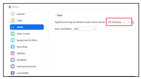 Audio Settings Off Windows Selected