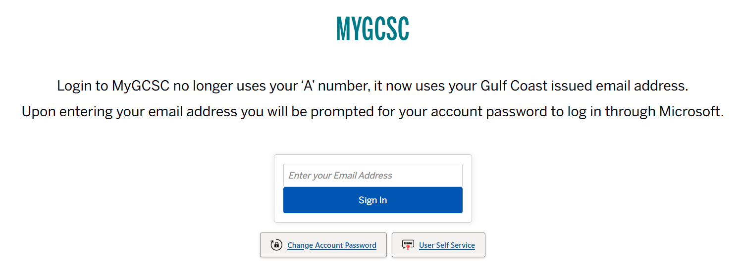 MyGCSC Login Screen